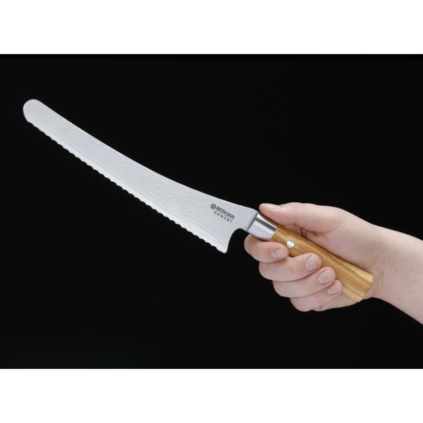 Böker - Couteau à pain en acier damassé DAMAST OLIVE 23,5 cm, manche en bois d'olivier