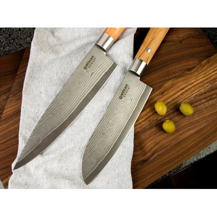 Böker - Couteau de cuisine en acier damassé DAMAST OLIVE 21,2 cm bois d'olivier