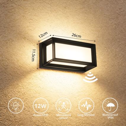 Brilagi - Applique murale extérieure PARKER LED 12W/230V avec détecteur, noir, IP44
