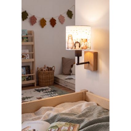 Brilagi - Applique murale enfant BOBO WOOD 1xE27/25W/230V chêne/noir/blanc/motifs animaux