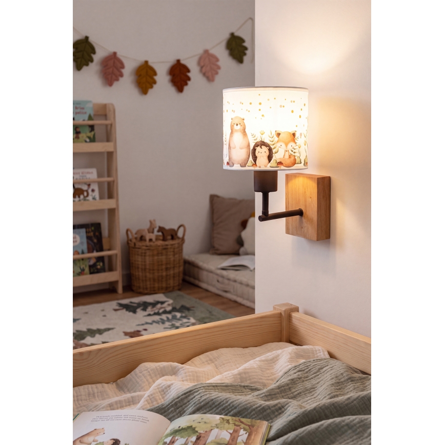 Brilagi - Applique murale enfant BOBO WOOD 1xE27/25W/230V chêne/noir/blanc/motifs animaux