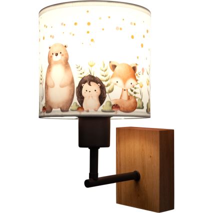 Brilagi - Applique murale enfant BOBO WOOD 1xE27/25W/230V chêne/noir/blanc/motifs animaux