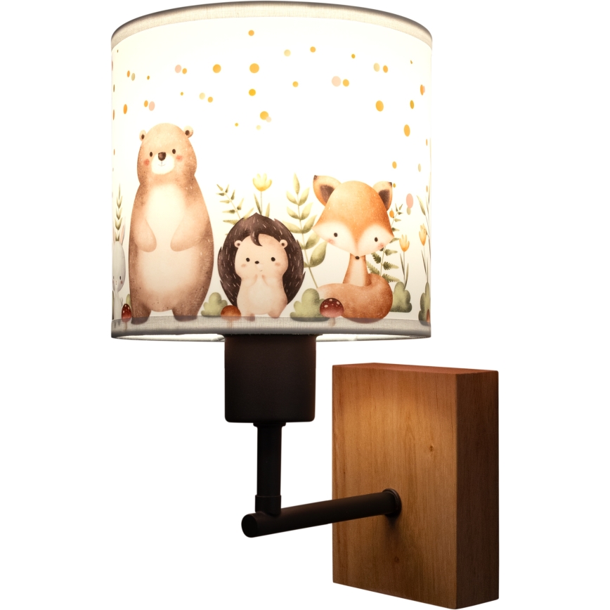 Brilagi - Applique murale enfant BOBO WOOD 1xE27/25W/230V chêne/noir/blanc/motifs animaux