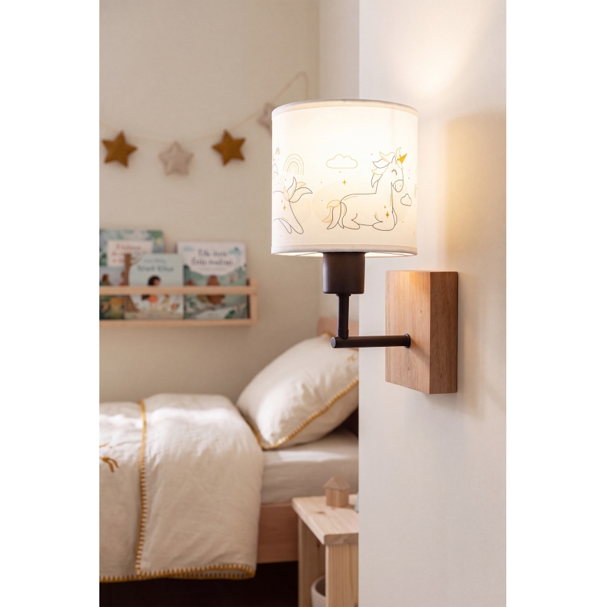 Brilagi - Lampe murale pour enfants BOBO WOOD 1xE27/25W/230V chêne/noir/blanc/motif licornes