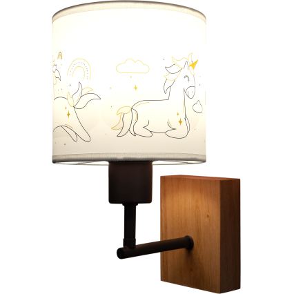Brilagi - Lampe murale pour enfants BOBO WOOD 1xE27/25W/230V chêne/noir/blanc/motif licornes
