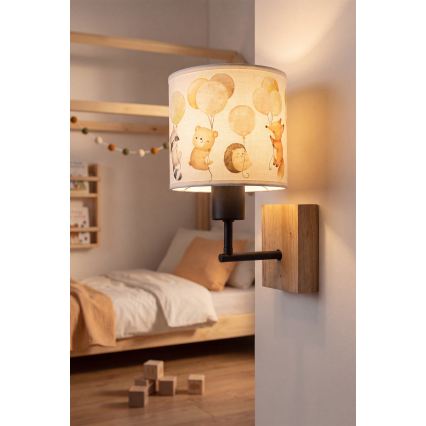 Brilagi - Lampe murale pour enfants BOBO WOOD 1xE27/25W/230V chêne/noir/blanc/motifs animaux