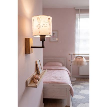 Brilagi - Lampe murale enfant BOBO WOOD 1xE27/25W/230V chêne/noir/blanc/rose/motif ballerines
