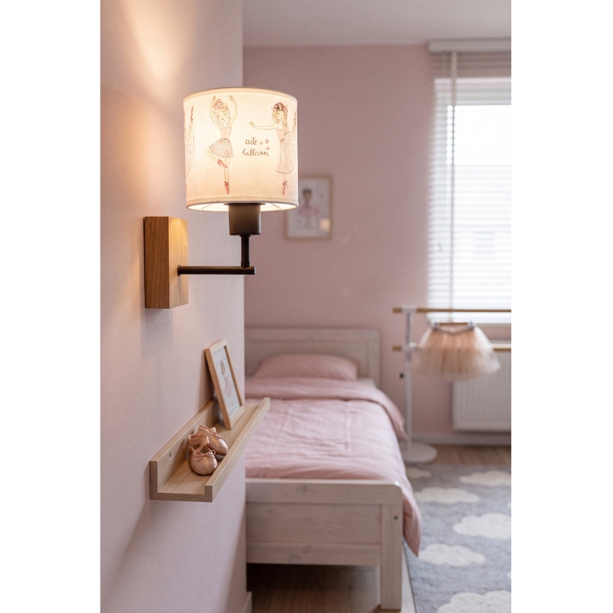 Brilagi - Lampe murale enfant BOBO WOOD 1xE27/25W/230V chêne/noir/blanc/rose/motif ballerines