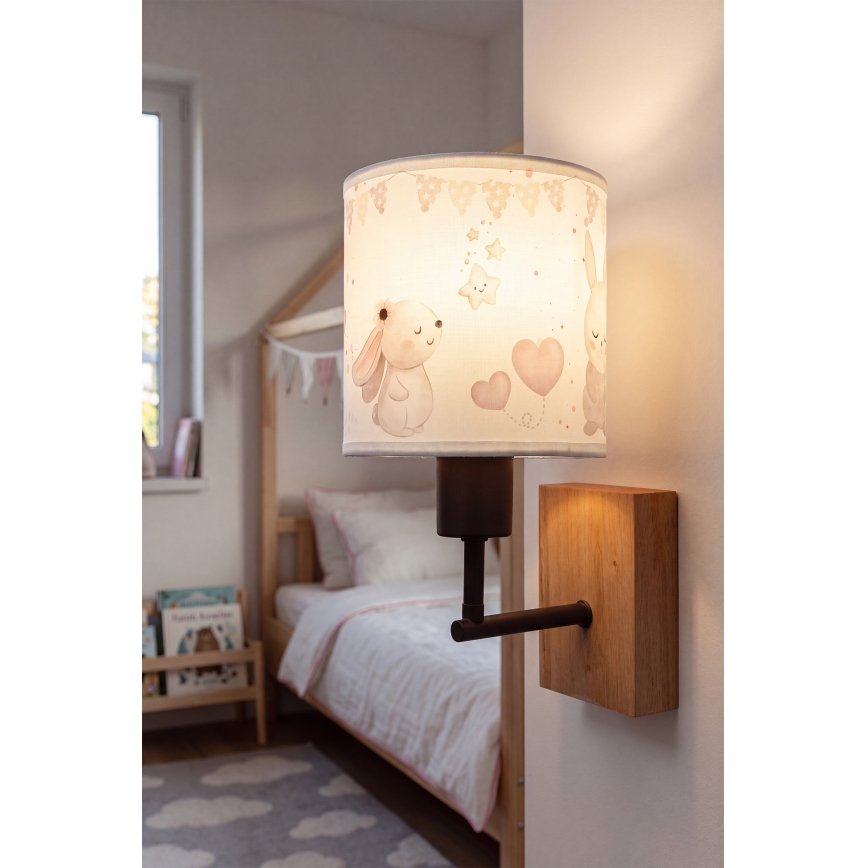 Brilagi - Lampe murale enfant BOBO WOOD 1xE27/25W/230V chêne/noir/crème/petits lapins