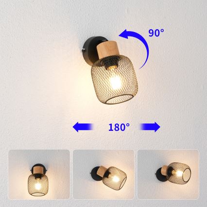Brilagi - Applique murale directionnelle BASKLITE 1xE27/15W/230V hévéa/noir