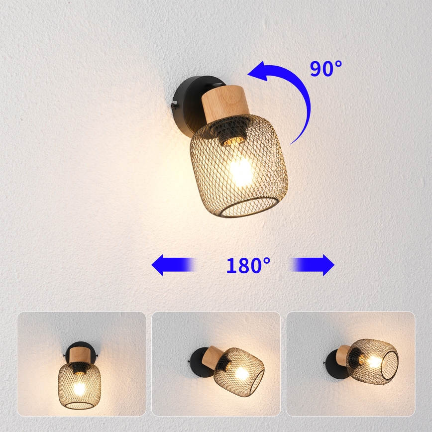 Brilagi - Applique murale directionnelle BASKLITE 1xE27/15W/230V hévéa/noir