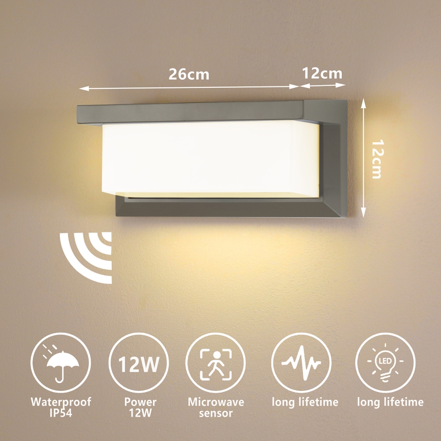 Brilagi - Applique murale extérieure avec détecteur BRICKY LED/12W/230V gris IP54
