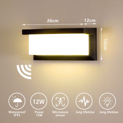 Brilagi - Applique murale extérieure avec détecteur BRICKY LED/12W/230V noir IP54