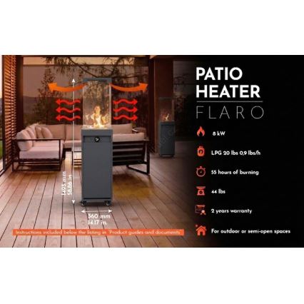 Brilagi - Cheminée extérieure au gaz FLARO GAS 142 x 36 cm 8 kW 1 x pile AAA anthracite + housse de protection