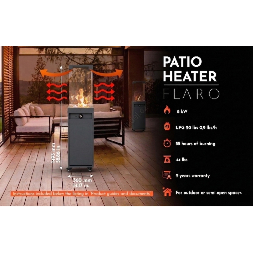 Brilagi - Cheminée extérieure au gaz FLARO GAS 142 x 36 cm 8 kW 1 x pile AAA anthracite + housse de protection