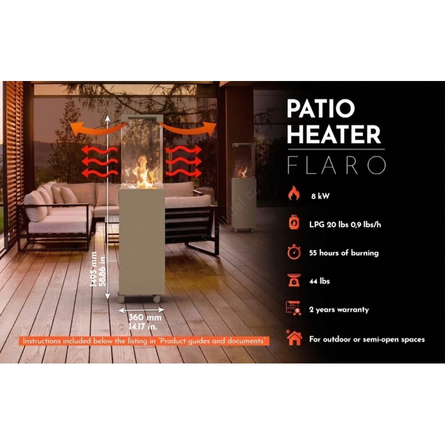 BRILAGI - Cheminée extérieure au gaz FLARO GAS 142x36 cm 8kW 1xAAA beige + housse de protection