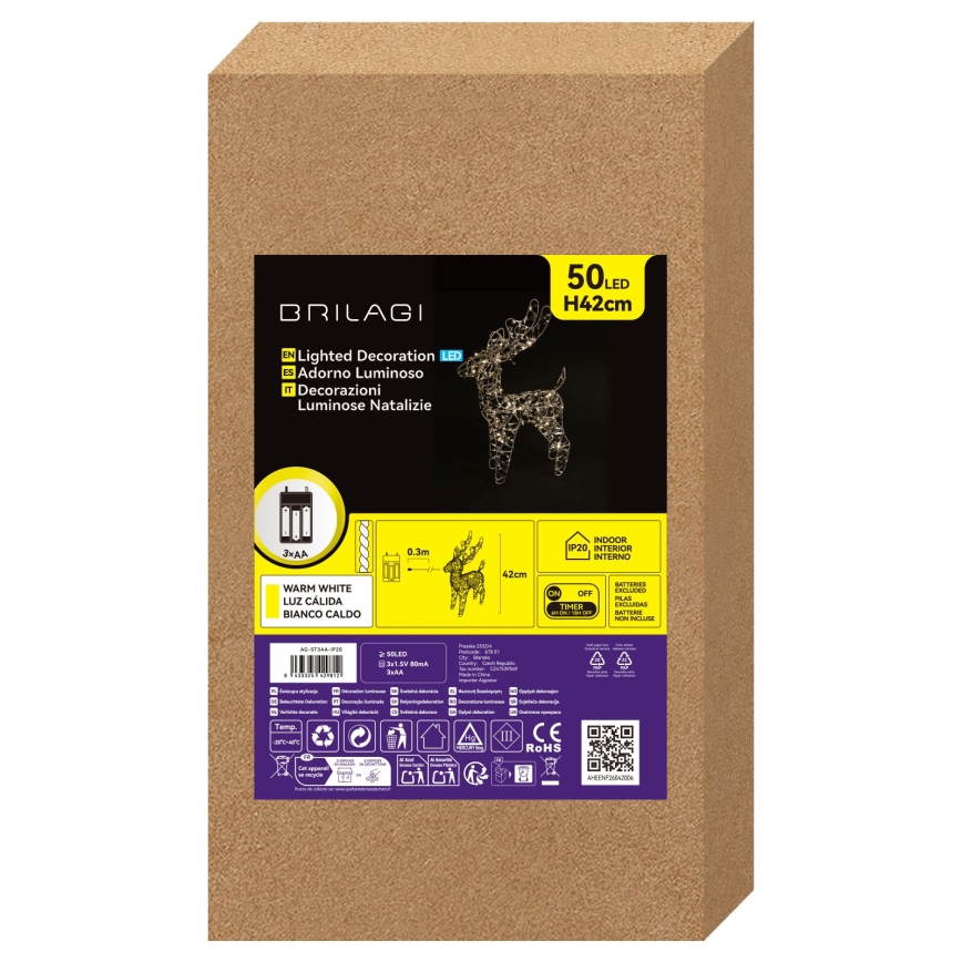 BRILAGI - décoration de Noël LED/3xAA 42 cm renne blanc chaud/argenté