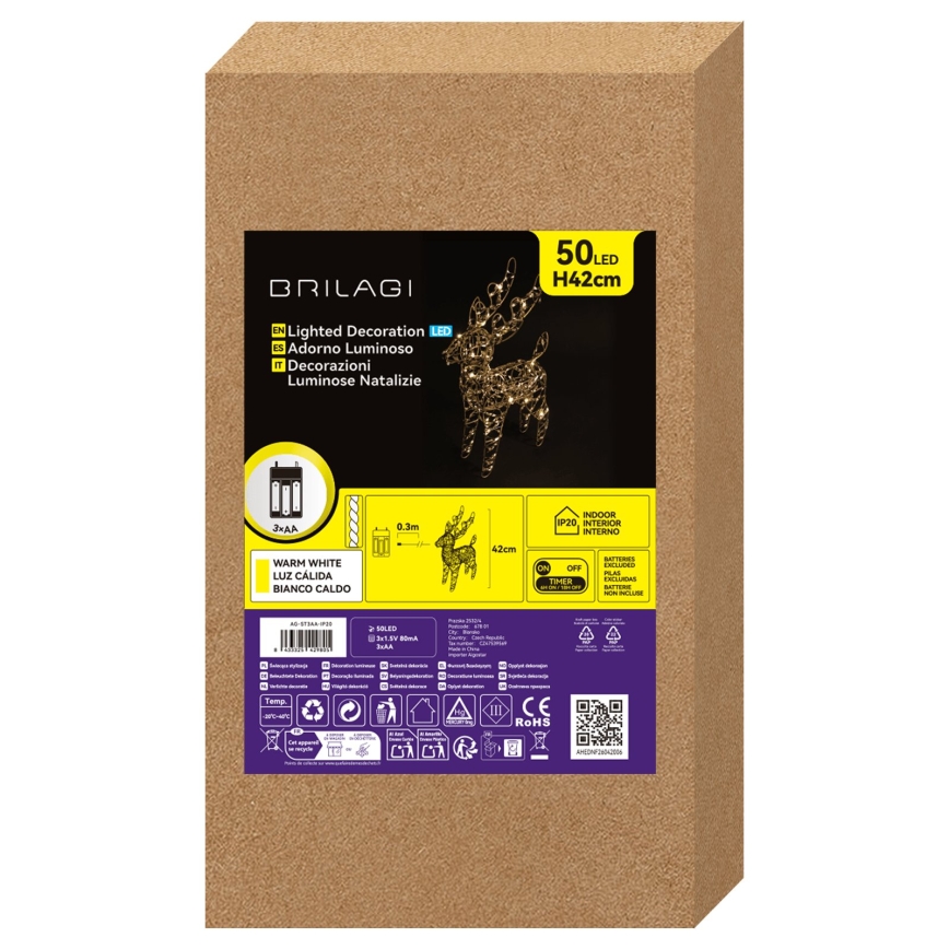 BRILAGI - Décoration de Noël LED/3xAA 42 cm, renne, blanc chaud/doré