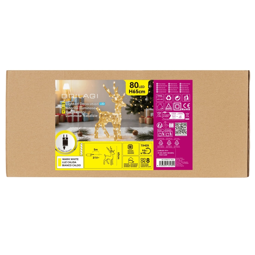 BRILAGI - Décoration de Noël extérieure LED/3,6W/8 fonctions 65 cm IP44 renne blanc chaud