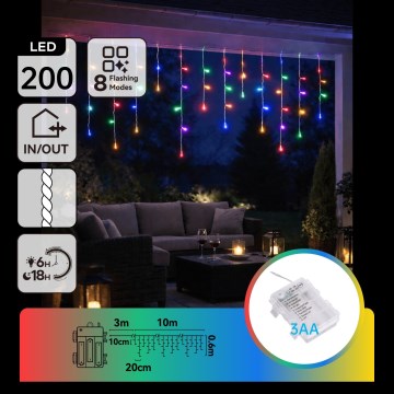 BRILAGI - Guirlande de Noël extérieure LED 200 LED / 3 piles AA / 8 fonctions / 13 x 0,6 m / IP44 / multicolore
