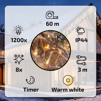 BRILAGI - Guirlande lumineuse de Noël extérieure 1200 LED / 8 fonctions, 63 m, IP44, blanc chaud, effet stalactites