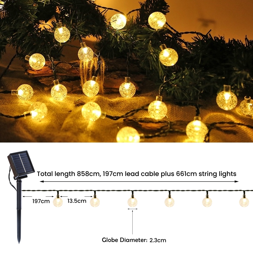 Brilagi - Guirlande solaire décorative LED BUBBLE, 200 LED / 8 fonctions, 20 m, IP65, blanc chaud, 800 mAh