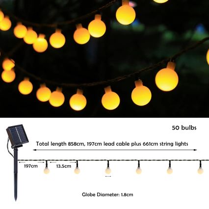 Brilagi - Guirlande décorative solaire LED BUBBLE 50 LED/8 fonctions, 7 m, IP65, blanc chaud, 600 mAh