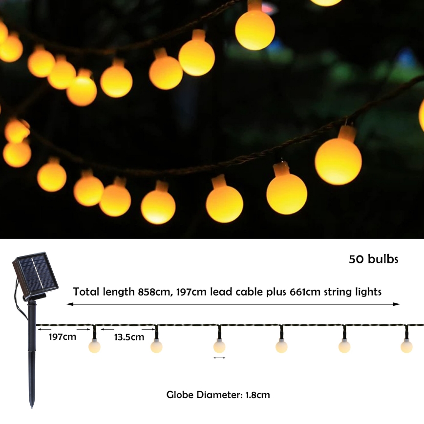 Brilagi - Guirlande décorative solaire LED BUBBLE 50 LED/8 fonctions, 7 m, IP65, blanc chaud, 600 mAh