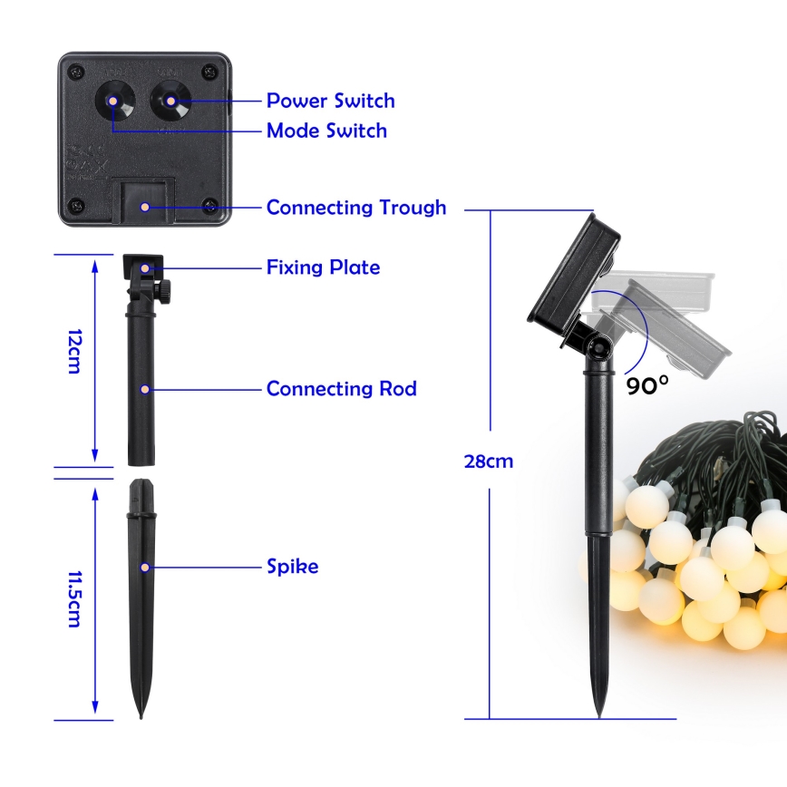 Brilagi - Guirlande décorative solaire LED BUBBLE 50 LED/8 fonctions, 7 m, IP65, blanc chaud, 600 mAh