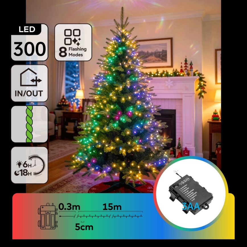 BRILAGI - Guirlande lumineuse LED d'extérieur pour Noël 300xLED/3xAA/8 fonctions 15,3m IP44 multicolore