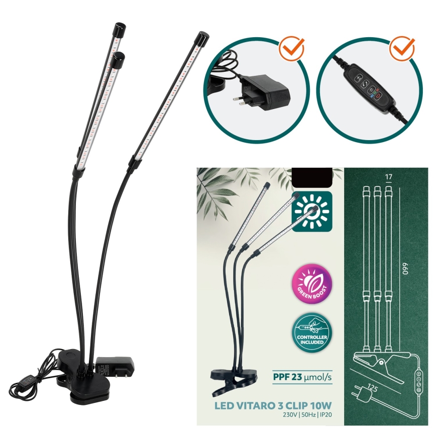 Brilagi - Lampe de table flexible à intensité variable avec pince pour la culture des plantes VITABLOOM 3xLED/10W/230V noir