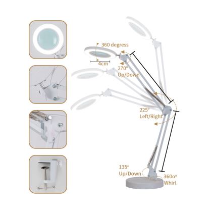 Brilagi - Lampe de table à intensité variable avec loupe LENS LED/12W/5V 3000/4200/6000K blanc