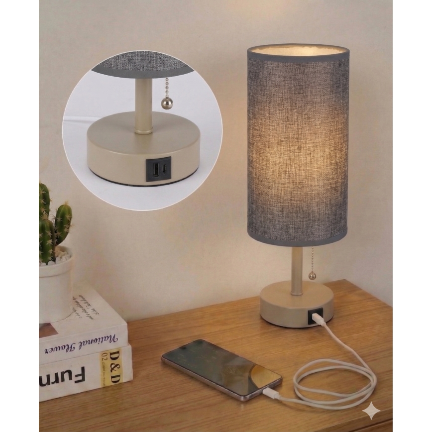 Brilagi - Lampe de table avec port USB TABLON 1xE27/25W/230V beige/gris