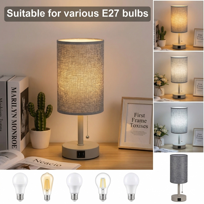 Brilagi - Lampe de table avec port USB TABLON 1xE27/25W/230V beige/gris