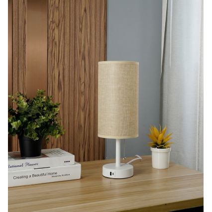Brilagi - Lampe de table avec port USB TABLON 1xE27/25W/230V blanc/beige