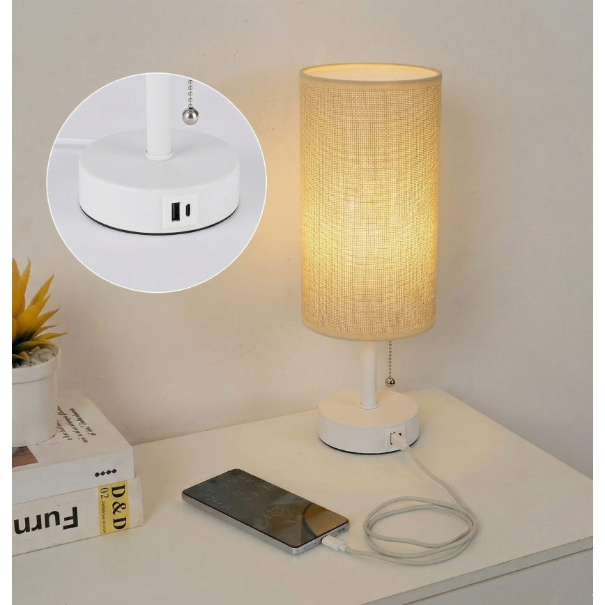 Brilagi - Lampe de table avec port USB TABLON 1xE27/25W/230V blanc/beige