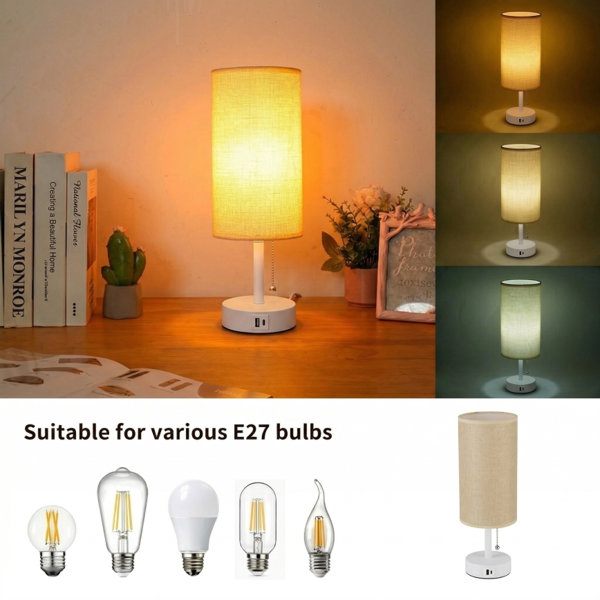 Brilagi - Lampe de table avec port USB TABLON 1xE27/25W/230V blanc/beige