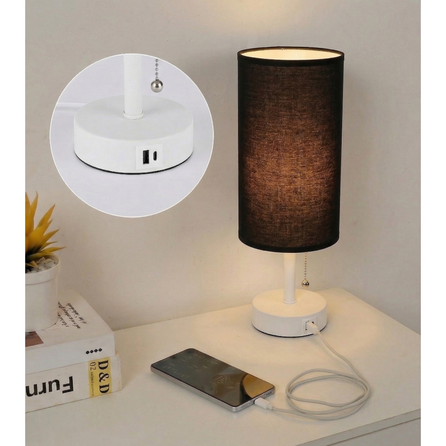 Brilagi - Lampe de table avec port USB TABLON 1xE27/25W/230V blanc/noir