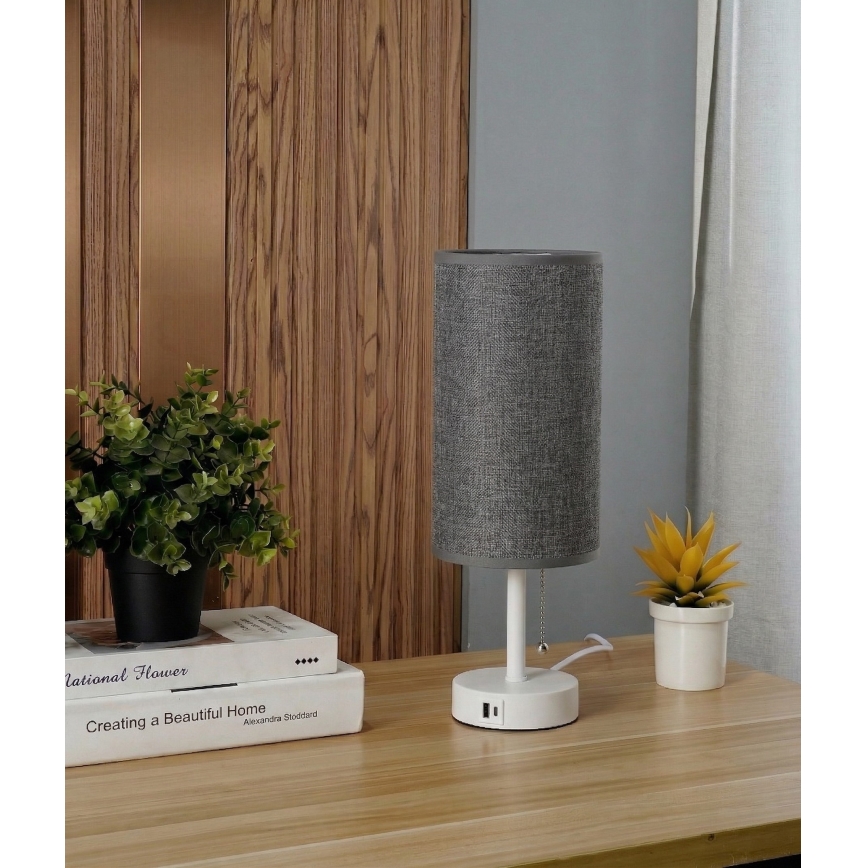 Brilagi - Lampe de table avec port USB TABLON 1xE27/25W/230V blanche/grise