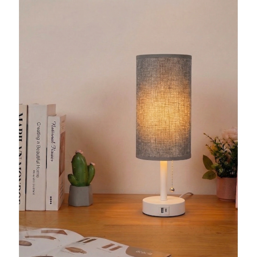 Brilagi - Lampe de table avec port USB TABLON 1xE27/25W/230V blanche/grise