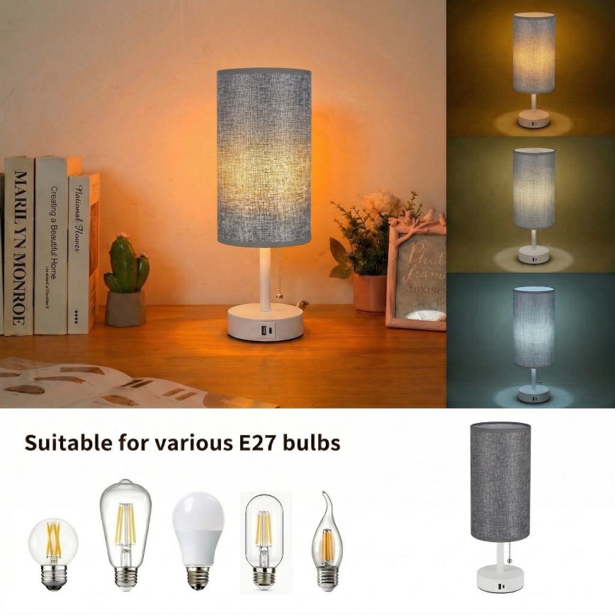 Brilagi - Lampe de table avec port USB TABLON 1xE27/25W/230V blanche/grise