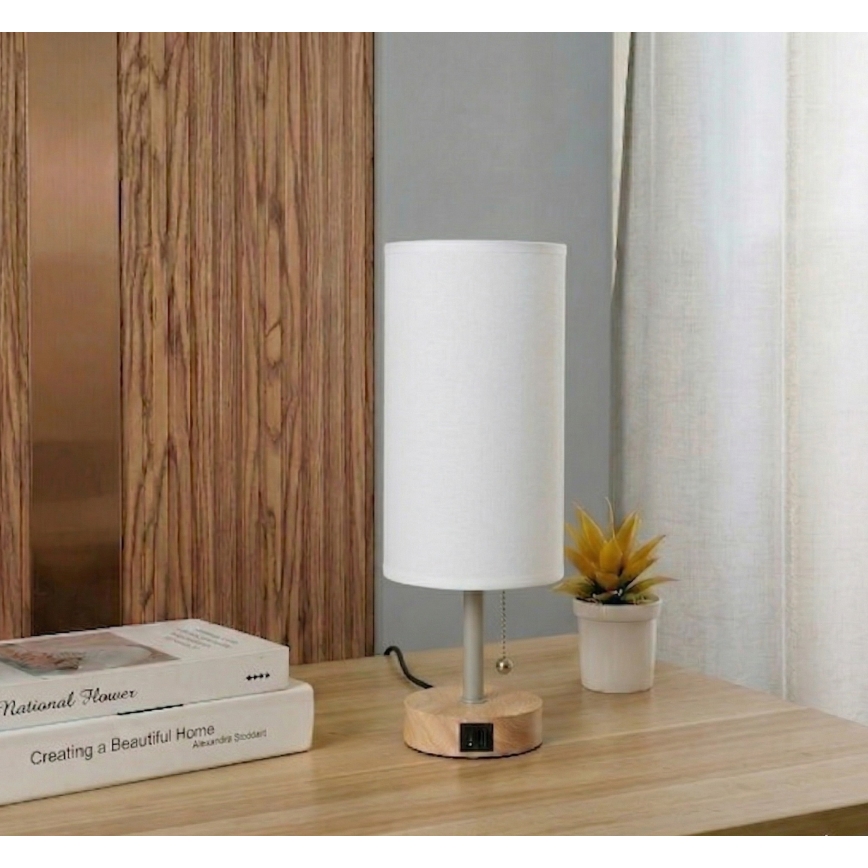 Brilagi - Lampe de table avec port USB TABLON 1xE27/25W/230V chêne/beige/blanc
