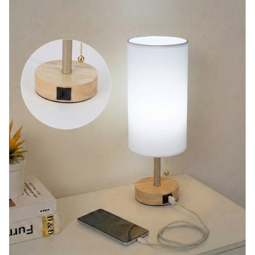 Brilagi - Lampe de table avec port USB TABLON 1xE27/25W/230V chêne/beige/blanc