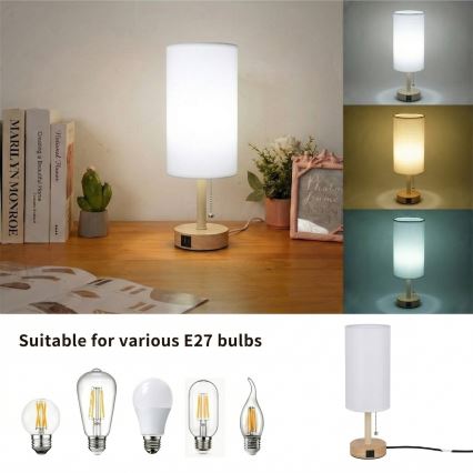 Brilagi - Lampe de table avec port USB TABLON 1xE27/25W/230V chêne/beige/blanc