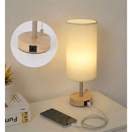 Brilagi - Lampe de table avec port USB TABLON 1xE27/25W/230V chêne/beige/crème