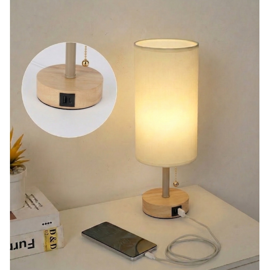 Brilagi - Lampe de table avec port USB TABLON 1xE27/25W/230V chêne/beige/crème