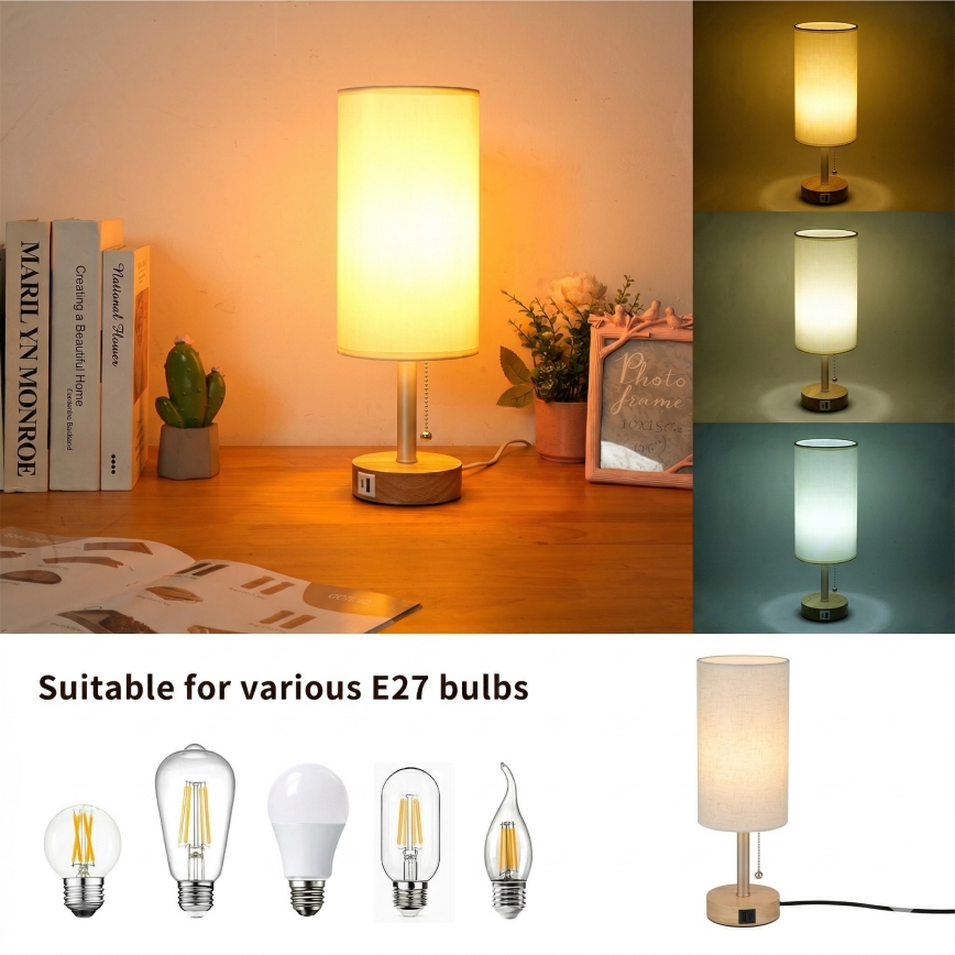 Brilagi - Lampe de table avec port USB TABLON 1xE27/25W/230V chêne/beige/crème