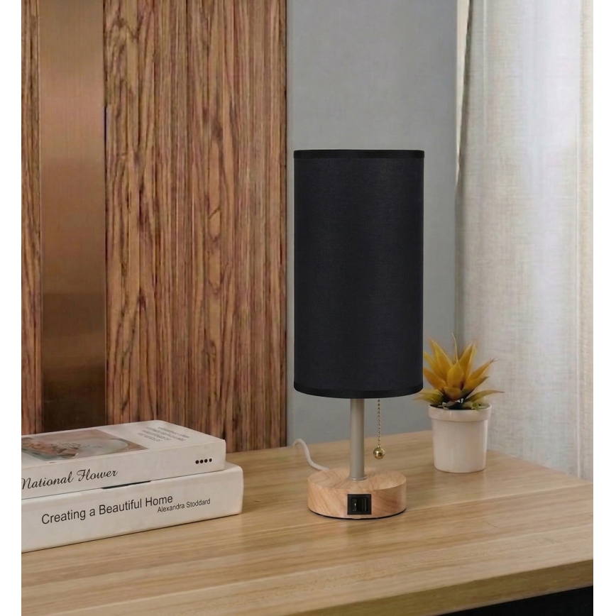 Brilagi - Lampe de table avec port USB TABLON 1xE27/25W/230V chêne/beige/noir