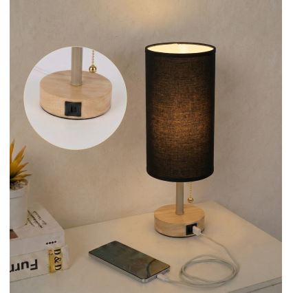 Brilagi - Lampe de table avec port USB TABLON 1xE27/25W/230V chêne/beige/noir