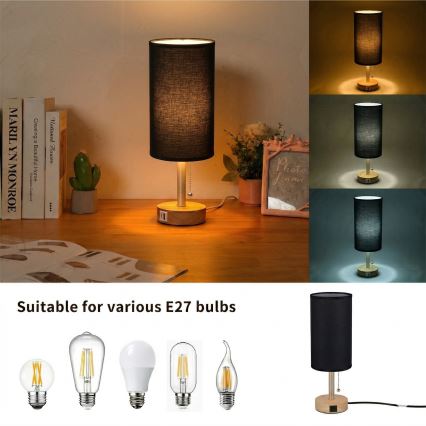 Brilagi - Lampe de table avec port USB TABLON 1xE27/25W/230V chêne/beige/noir